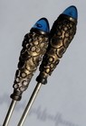 Pair Of Antique Hatpins Gold Tone Brass With Filigree And Blue Glass Tops