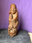 Vintage Chinese Carved Wood Statue     Happy Immortal Ji Gong With Fan 12 