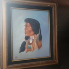 Artist Signed Oil On Canvas Native American Portrait Vintage Beautiful Brave