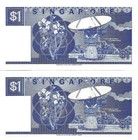 Singapore 2x 1 Dollar Nd  1987  P-18a Unc Consecutive