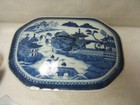 Antique Chinese Canton Ware Blue   White Tureen Pig Head Handles Lid Old Vtg