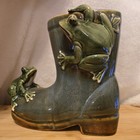 Vintage Frogs On Boot Flower Pot Ceramic Planter - Green Brown 7  Tall Sculpture