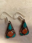 Handcrafted Tibetan Silver Turquoise Coral Pierced Earrings 