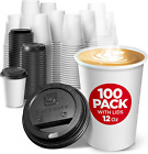 Disposable Coffee Cups With Lids 12 Oz  100 Pack  - Paper Coffee Cups For Hot   