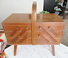 Vintage Wooden Sewing Box Basket Accordion Fold Out 3 Tier Made In Romania