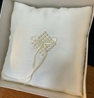 White Satin 7  Ring Bearer Pillow W back Handle  Seed Pearls   Ribbon Tie Nib