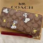 Coach X Peanuts Long Zip Around Wallet Snoopy Woodstock Khaki Signature W box