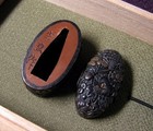 Antique Edo Shakudo Fuchi Kashira Set Insect   Plant Design Signed Mitsuhiro