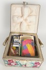 Vintage Wicker Padded Fabric Sewing Basket W  Insert Tray  Notions Lot Included