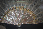 Great Antique French Carved Mother Of Pearl Painted Cherubs Chantilly Lace Fan