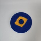 Vintage Mens Hand Knit Blue And Yellow Beret Square Patch With Pompom 