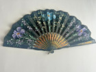 Antique Handpainted Silk  Sequins   Carved Wood Hand Fan Floral Design 9 5 x18 