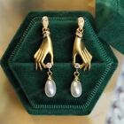 Elegant Vintage Style Art Deco Hands Gold Crystal Pearl Drop Earrings Uk