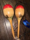 Vintage Wooden Maracas Pair  2  Hand Percussion Shakers Red Top Natural Finish