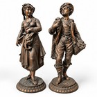 Antique Pair Bronzed Spelter Statues Figurines Fisherman   Woman Possibly French