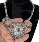 Vtg Silver Statement Rose Pendant Necklace Medieval Gothic Braid Chain Open Work