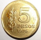 Vintage Argentina 5 Pesos Coin  23mm  Old Collectible  As-is Condition
