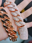 22mm Iced Out Cuban Link Chain Necklace Bracelet Rose Gold Plated Cz Hip-hop