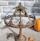 Antique Bronzed Cast Metal Curved Slag Glass Panel Floral Feathers Table Lamp