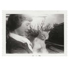 Vintage Snapshot Photo Woman Holding Big Tabby Cat Backyard Feb 1955 Candid