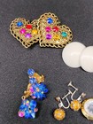 Lot Of 7 Pair Vintage Clip On Earrings Button   Dangle Rhinestone Gold Tone