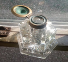 Antique 1890 Very Heavy Glass Inkwell Paperweight With Brass Art Nouveau Cover