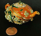 Miniature Teapot Trinket Box Enamel Ornate Cutouts Crystals Gold Orange Green