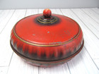 Vintage Metal Sewing Box Red 3 Pc Round Tin W  8 Old Bobbins Thread Lid Y2