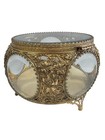 Gold Filigree Ormolu Jewelry Casket Trinket Box 5 Sided Beveled Glass Footed Vtg