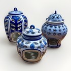 Lot 3 Asian Cobalt Blue Luminary Jar Tea Light Candle Holder Tealight Porcelain