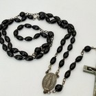 Vintage French Ebony Silver Tone Crucifix Rosary Black Beads France Cross 19 5 