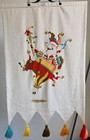 Vintage Crewel Embroidery Tapestry Wall Hanging Jester Pig Banner Bells Tassels
