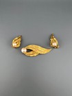 Vintage Leaf Brooch Earrings Set Brushed Gold Tone Faux Pearl Designer Signed