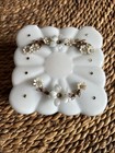 Vintage Face Powder Box Art Deco Light Blue Flowers Jewels Pads Hinged Modern   