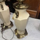 Pair Of Vintage Large Stiffel Brass cream Color Porcelain Heavy Table Lamps 24   