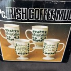 Vtg  Irish Coffee Milk Glass Mugs Footed Pedestal Shamrocks Gold Rim  4  New