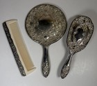 Vtg Silver Plated Vanity Set Hand Mirror Hair Brush Comb Victorian Art Nouveau