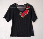 Mesh Floral Top M Black Embroidered T Shirt Sheer Nylon Oversized Potter   s Pot  