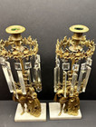 Antique French Couple Bronze With Marble Base   Crystal Prisms Candle Holders