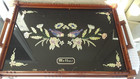 Antique Eastlake Reverse Foil Painted Glass Tray Inlay Wood  mother  Birds