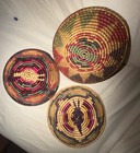 Vintage Hand Woven Coil Basket Set Of 3 Colorful Geometric Pattern