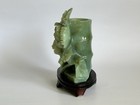 Chinese Carved Jade Floral Brush Pot Vase With Wood Stand  Peony Design