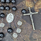 Vintage Catholic Rosary Black   Frosted White Plastic Beads Italy Crucifix Medal