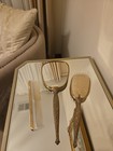 Vintage Gold Vanity Mirror Brush Comb Set Flowers Art Deco 3 Piece Lot