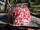 Lg Cranberry Red   Cream Enamelware Splatterware Mixing Bowl 10 3 4  By 5 3 8 