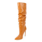 2021 Women s Faux Leather Folded Fashion Knee High Boots Sexy Stiletto Heels