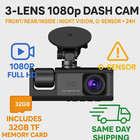 3-lens Dash Cam 1080p Full Hd Car Recorder Night Vision   32gb Tf Card Included
