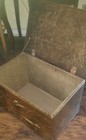 Brass Covered Wood Coal Box Vintage 20x13x12 Embossed Hurting Scenes