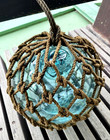 Vintage Japanese Glass Fishing Float Aqua Blue W  Trapped Seawater Rope Net 10in
