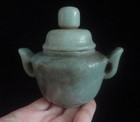 Rare Old Chinese Hand Carving Gray White Jade Handles Pot With Lid